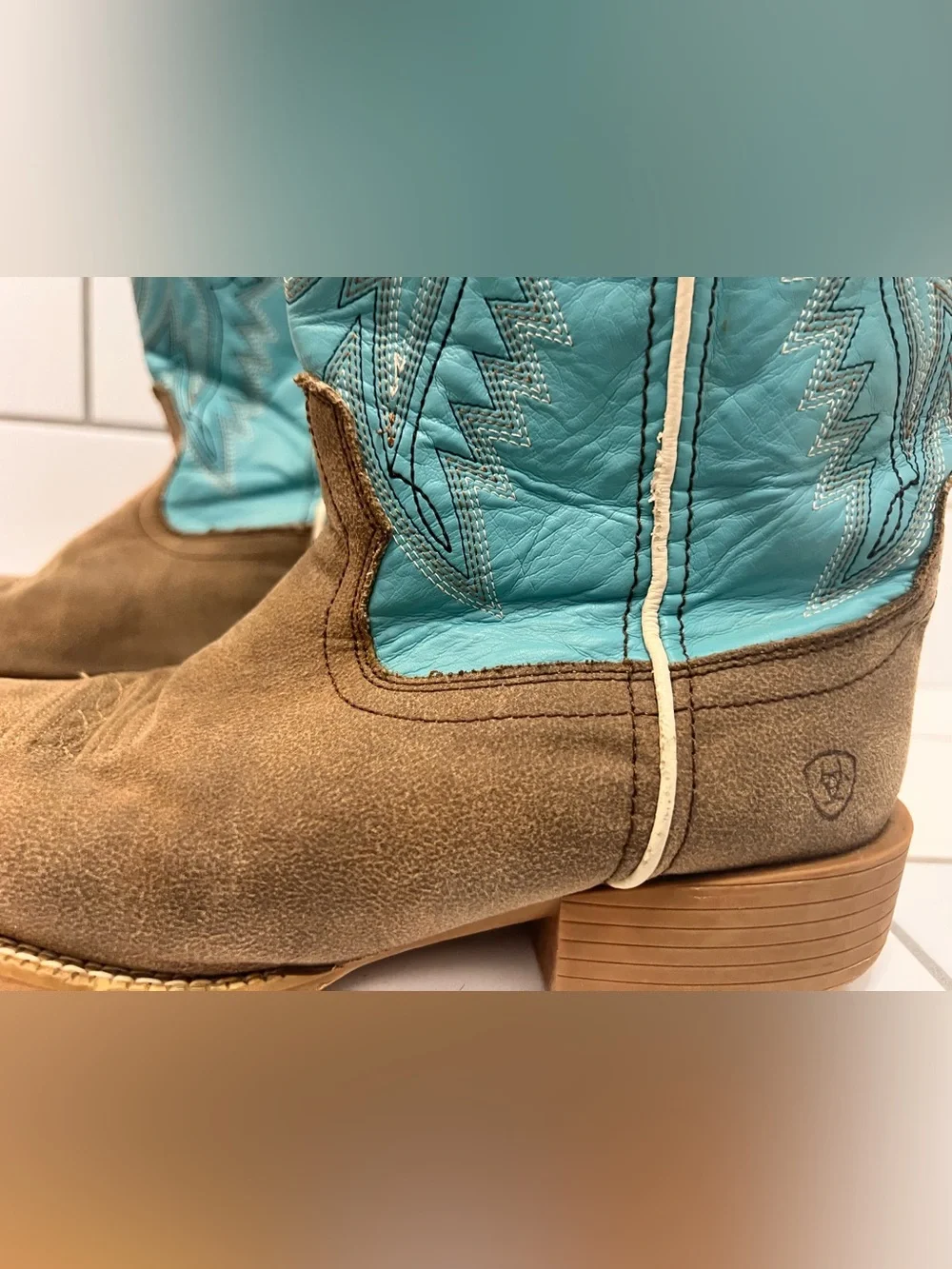 Ariat Kids Bristo Tan Turquoise Square Toe Western Cowboy Boots Size 4.5